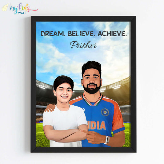 Inspirational black  wall frame of Mohammed Siraj with a child