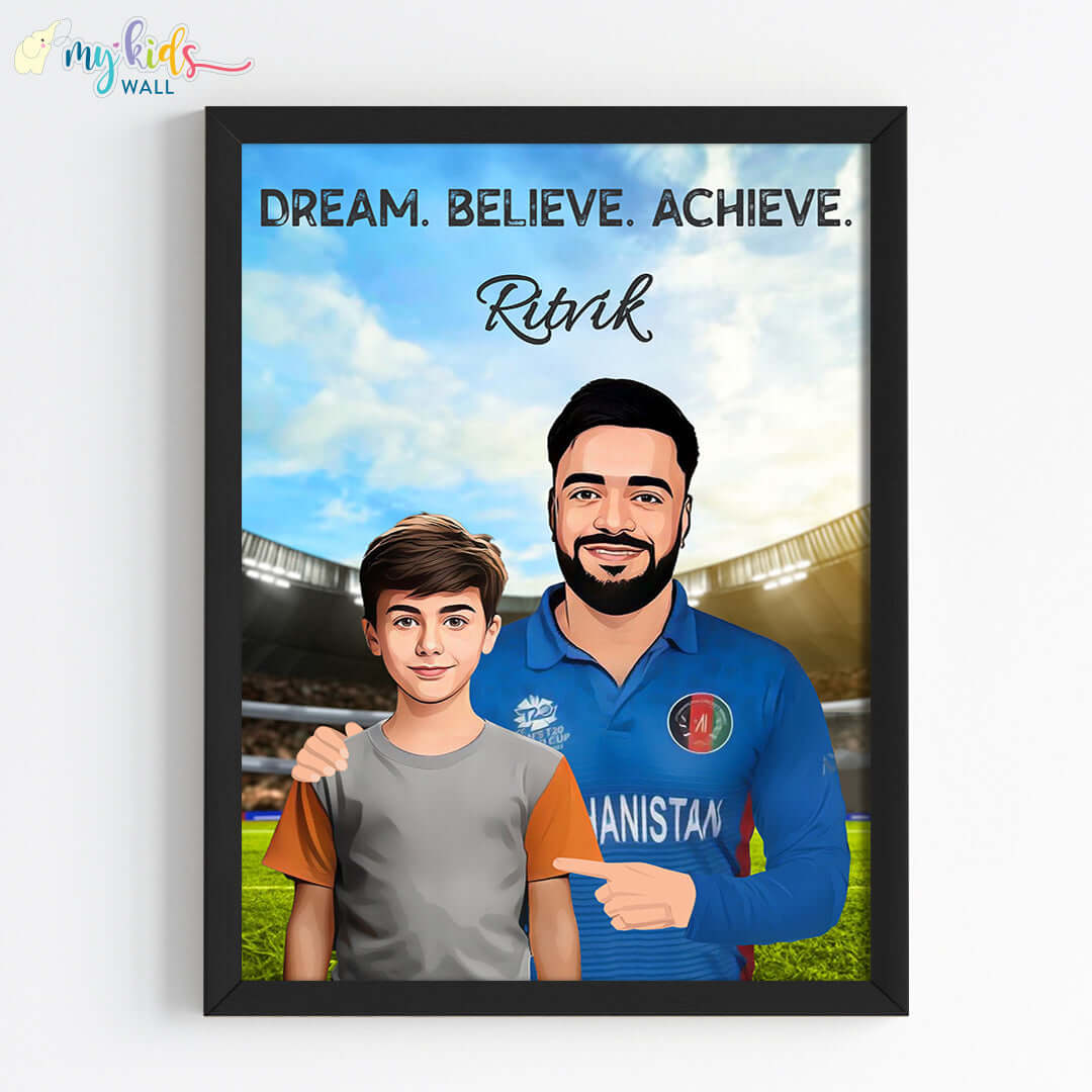 Inspirational black wall frame of Rashid Khan with a child