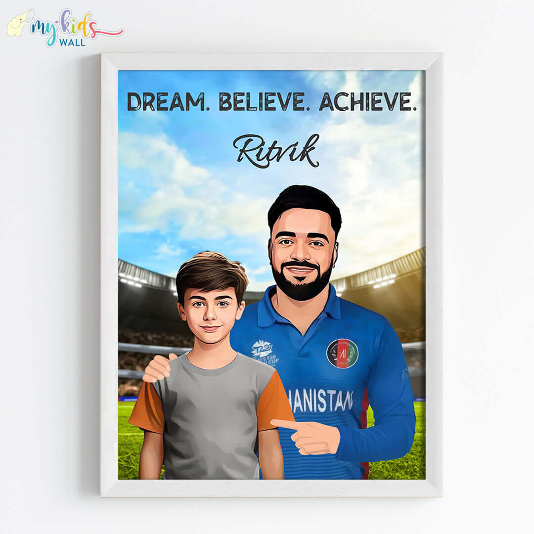 Inspirational white wall frame of Rashid Khan with a child