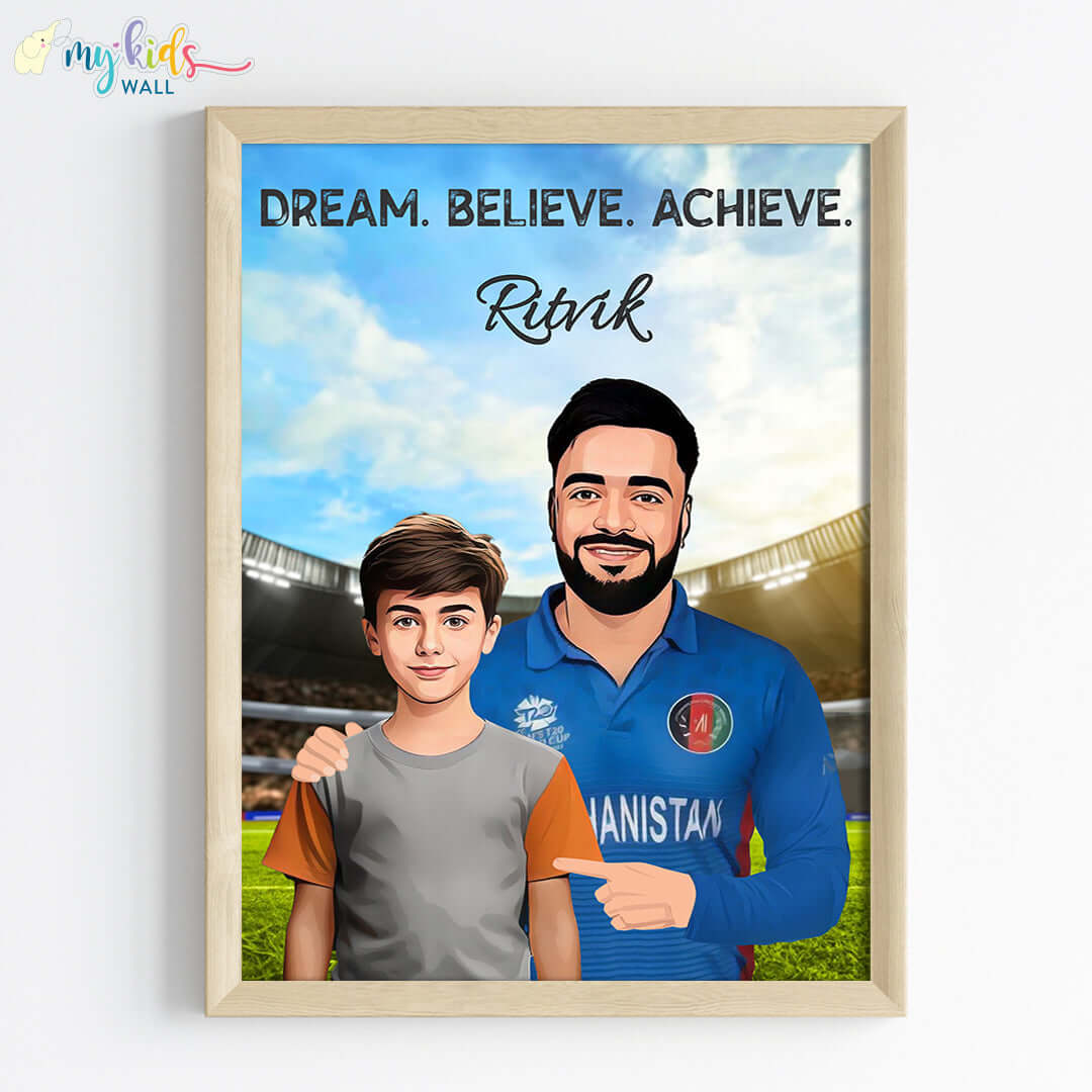 Inspirational wooden wall frame of Rashid Khan with a child