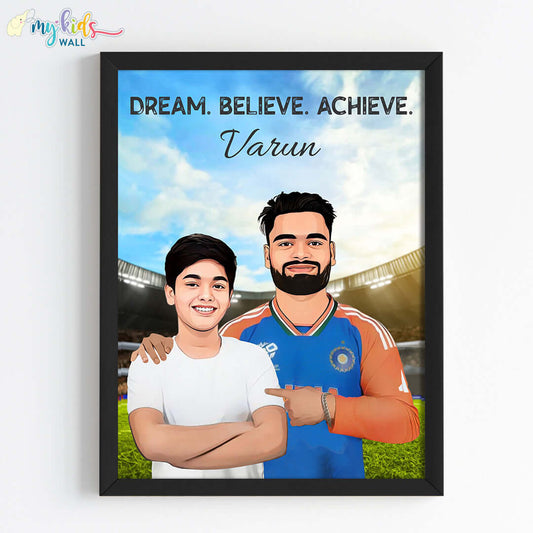 Inspirational black wall frame of Rinku Singh with a child