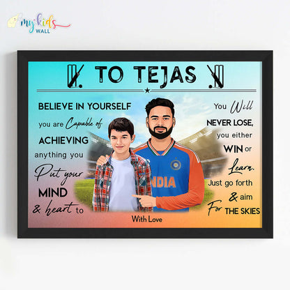 Motivational black wall frame of Rishabh Pant with a child