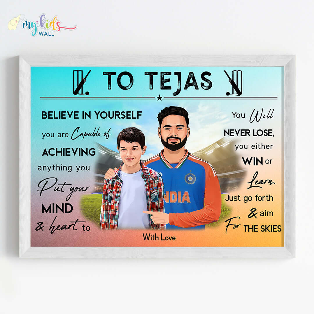 Motivational white wall frame of Rishabh Pant with a child