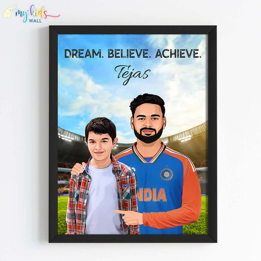 Inspirational black wall frame of Rishabh Pant with a child