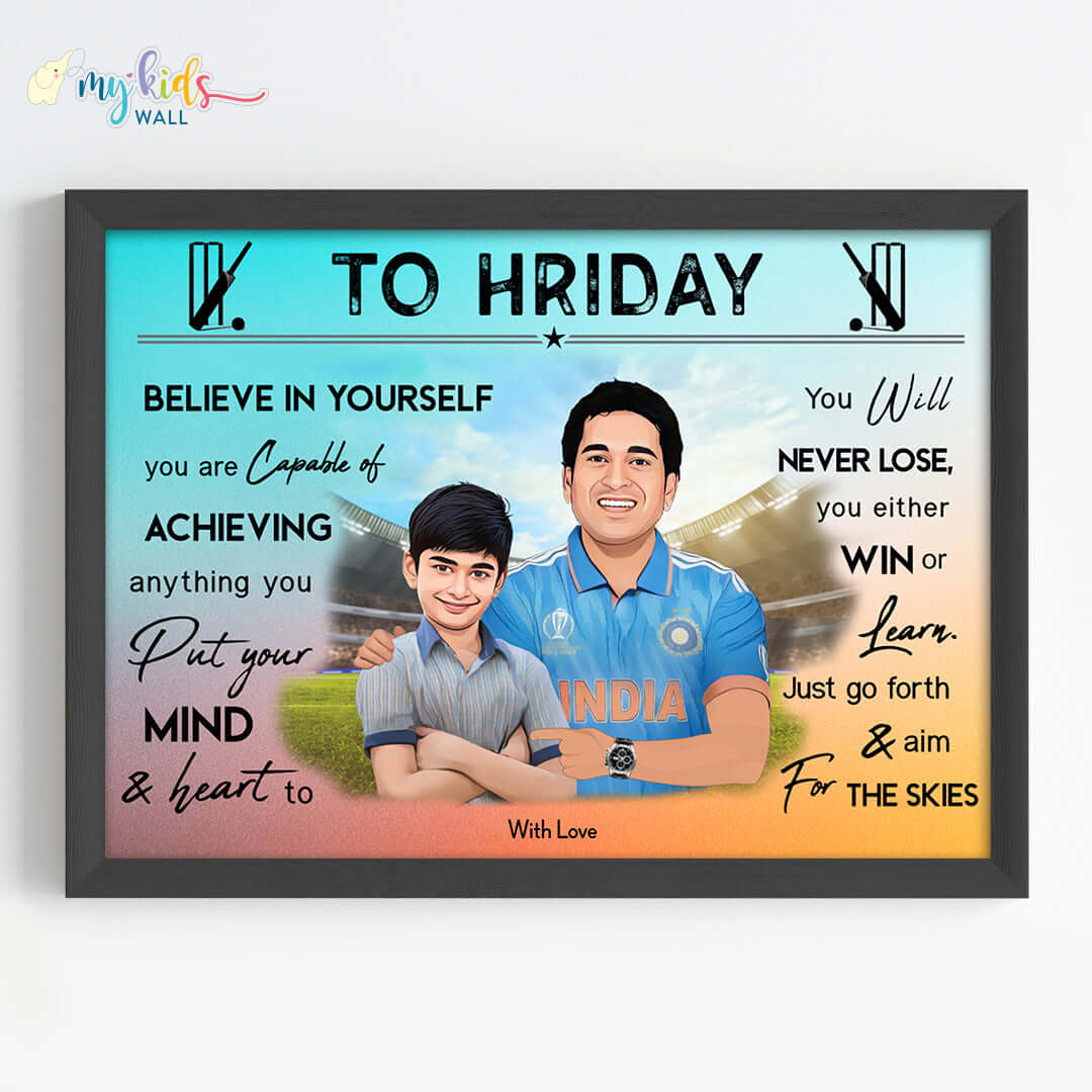 Motivational black wall frame of Sachin Tendulkar with a child