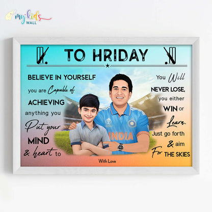 Motivational white wall frame of Sachin Tendulkar with a child