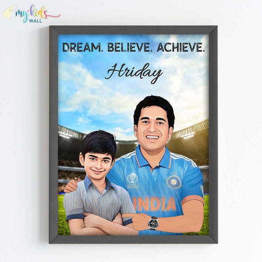 Inspirational black wall frame of Sachin Tendulkar with a child