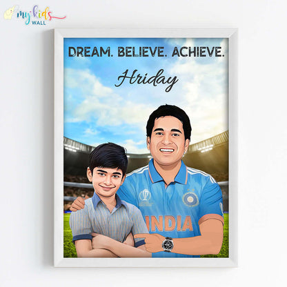 Inspirational white wall frame of Sachin Tendulkar with a child