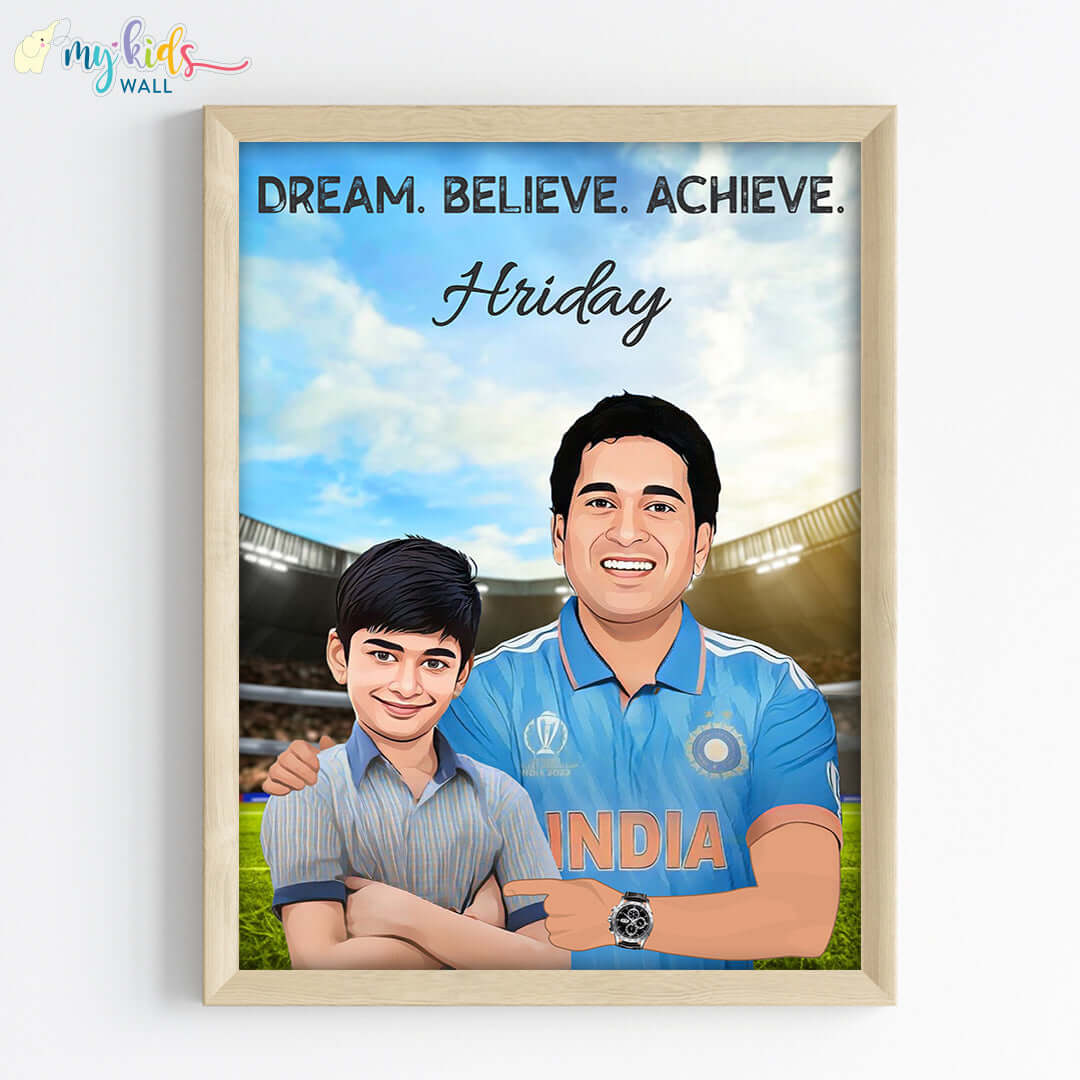 Inspirational wooden wall frame of Sachin Tendulkar with a child