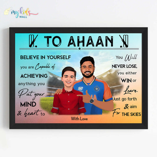 Motivational black wall frame of Sanju Samson with a child