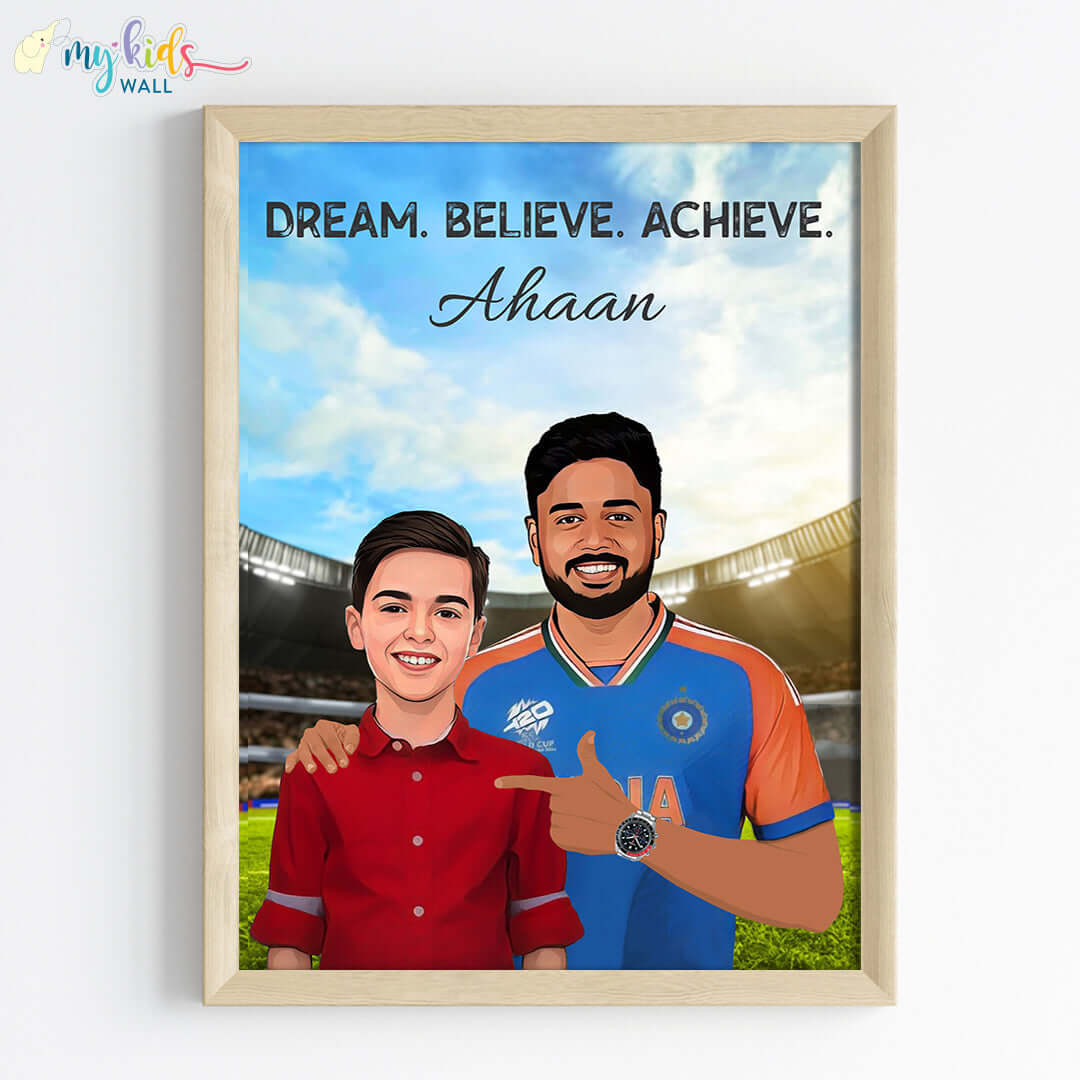 Inspirational wooden wall frame of Sanju Samson with a child