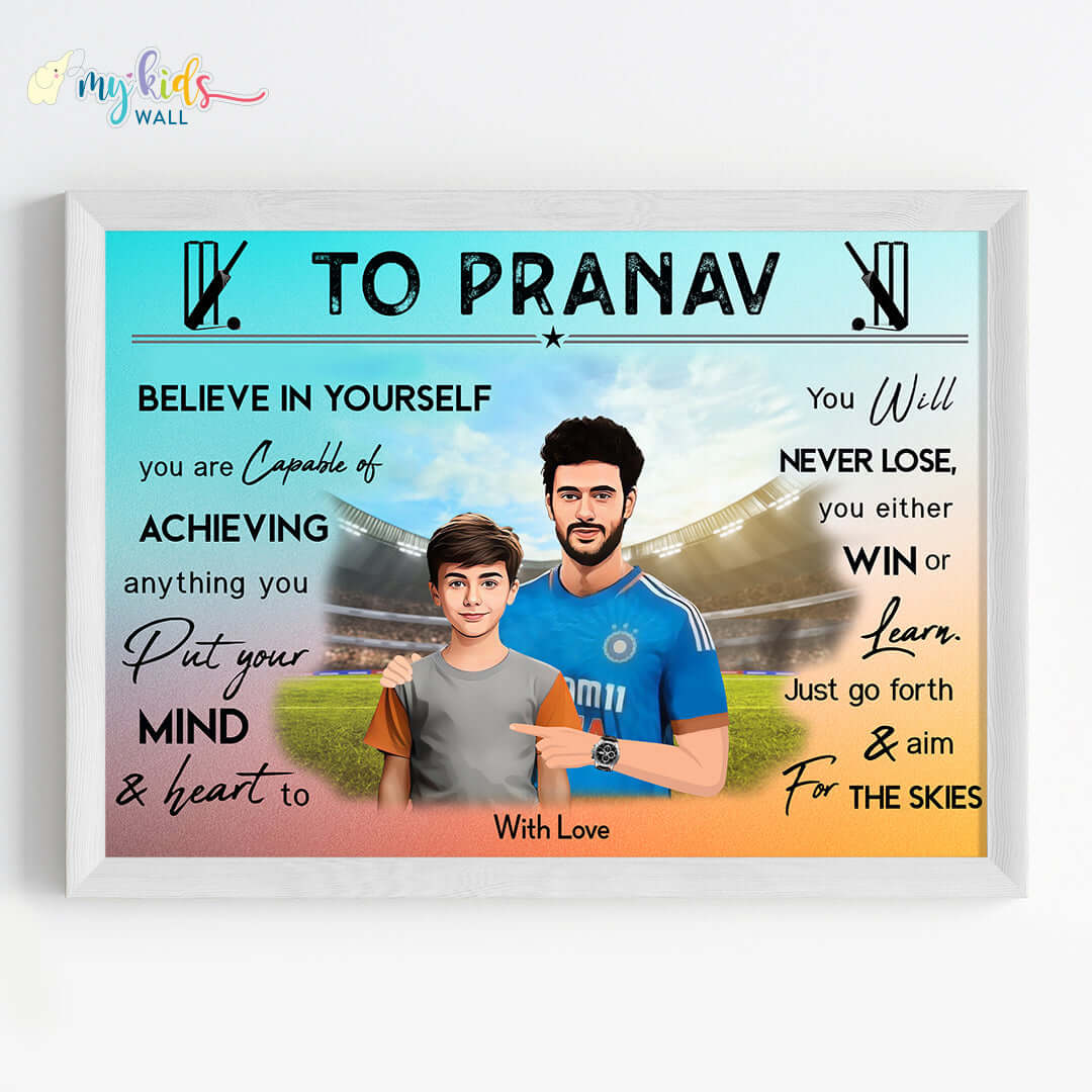 Motivational white wall frame of Shivam Dube with a child