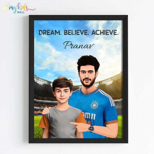 Inspirational black wall frame of Shivam Dube with a child