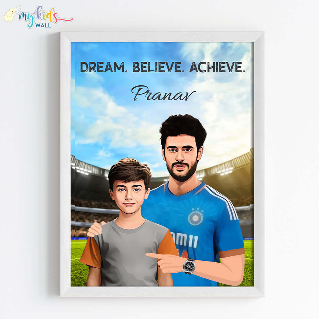 Inspirational white wall frame of Shivam Dube with a child