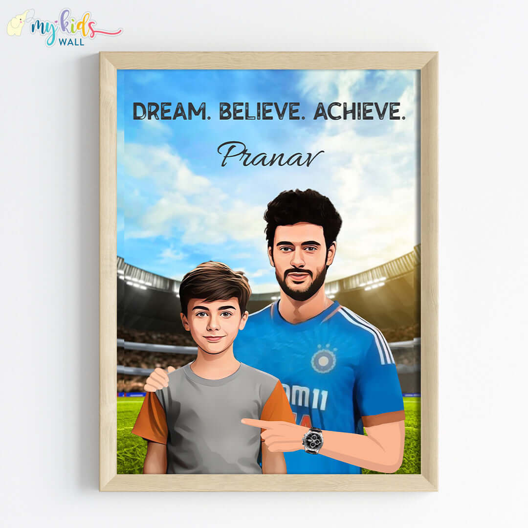 Inspirational wooden wall frame of Shivam Dube with a child