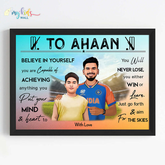 Motivational black wall frame of Shreyas Iyer with a child