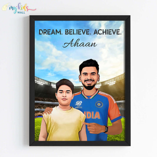 Inspirational black wall frame of Shreyas Iyer with a child