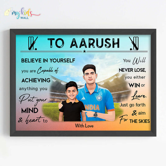 Motivational black wall frame of Shubman Gill with a child