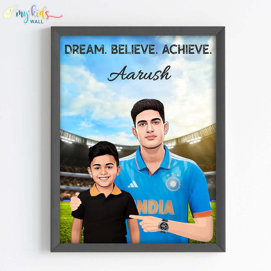 Inspirational black wall frame of Shubman Gill with a child