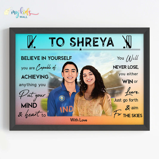 Motivational black wall frame of Smriti Mandhana with a child