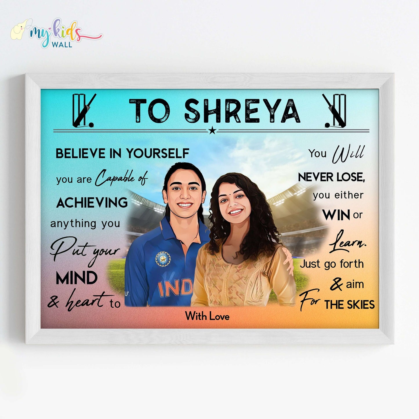 Motivational white wall frame of Smriti Mandhana with a child