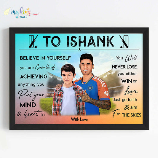 Motivational black wall frame of Suryakumar Yadav with a child