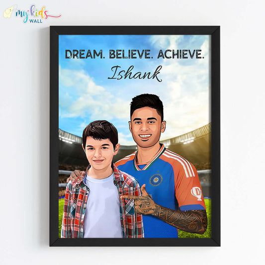 Inspirational black wall frame of Suryakumar Yadav with a child