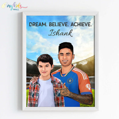 Inspirational white wall frame of Suryakumar Yadav with a child