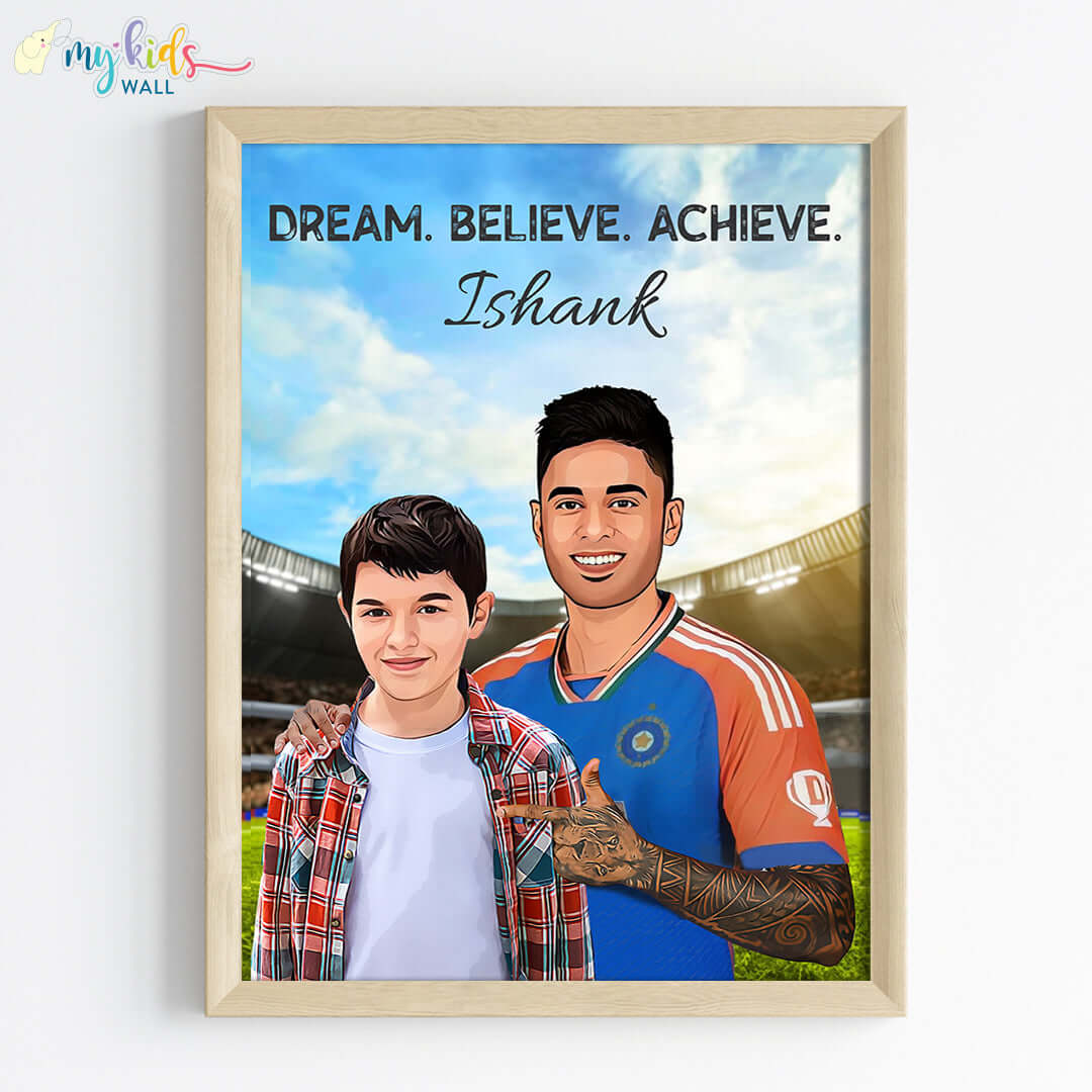 Inspirational wooden wall frame of Suryakumar Yadav with a child