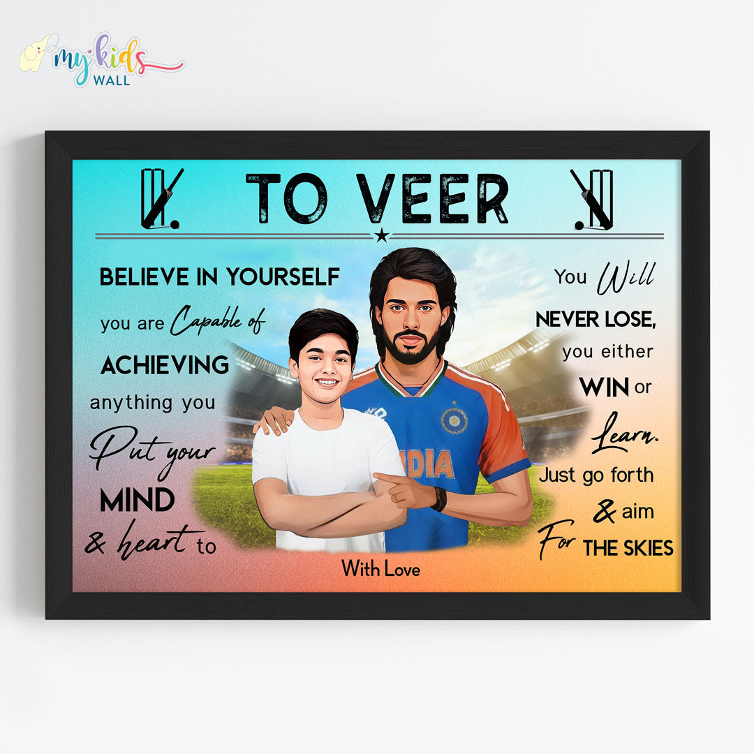 Cricket Champ with Tilak Varma Personalized Motivational Portrait Framed Black