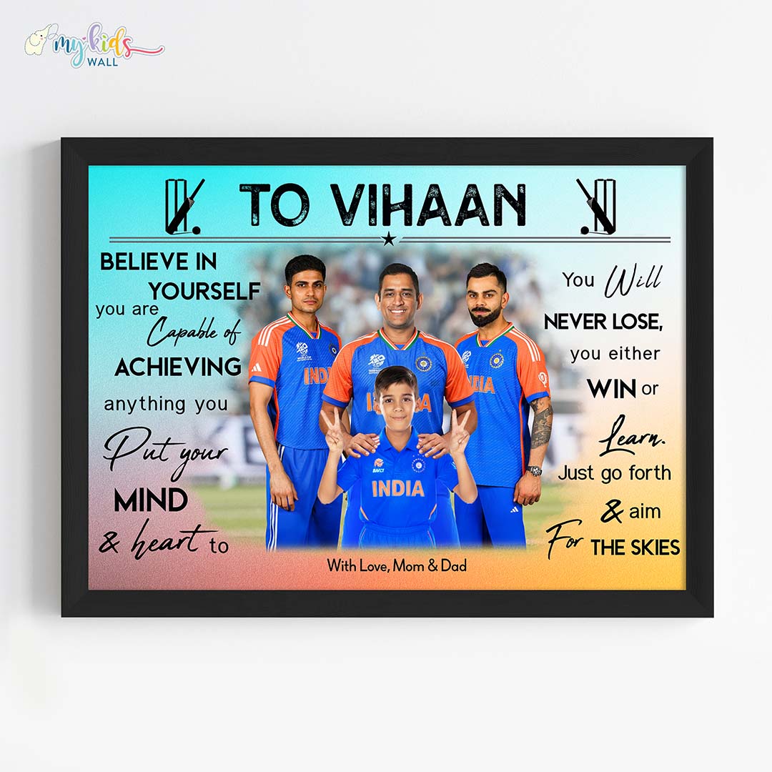 Cricket Champ with Virat, Dhoni and Shubman Personalized Motivational Portrait Framed Black