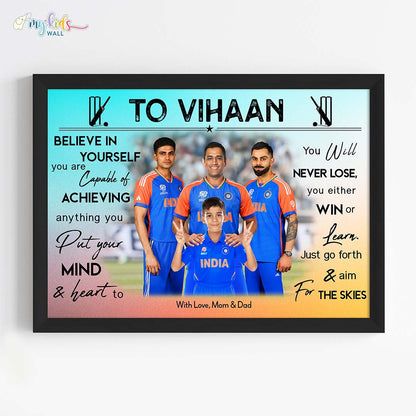 Cricket Champ with Virat, Dhoni and Shubman Personalized Motivational Portrait Framed Black
