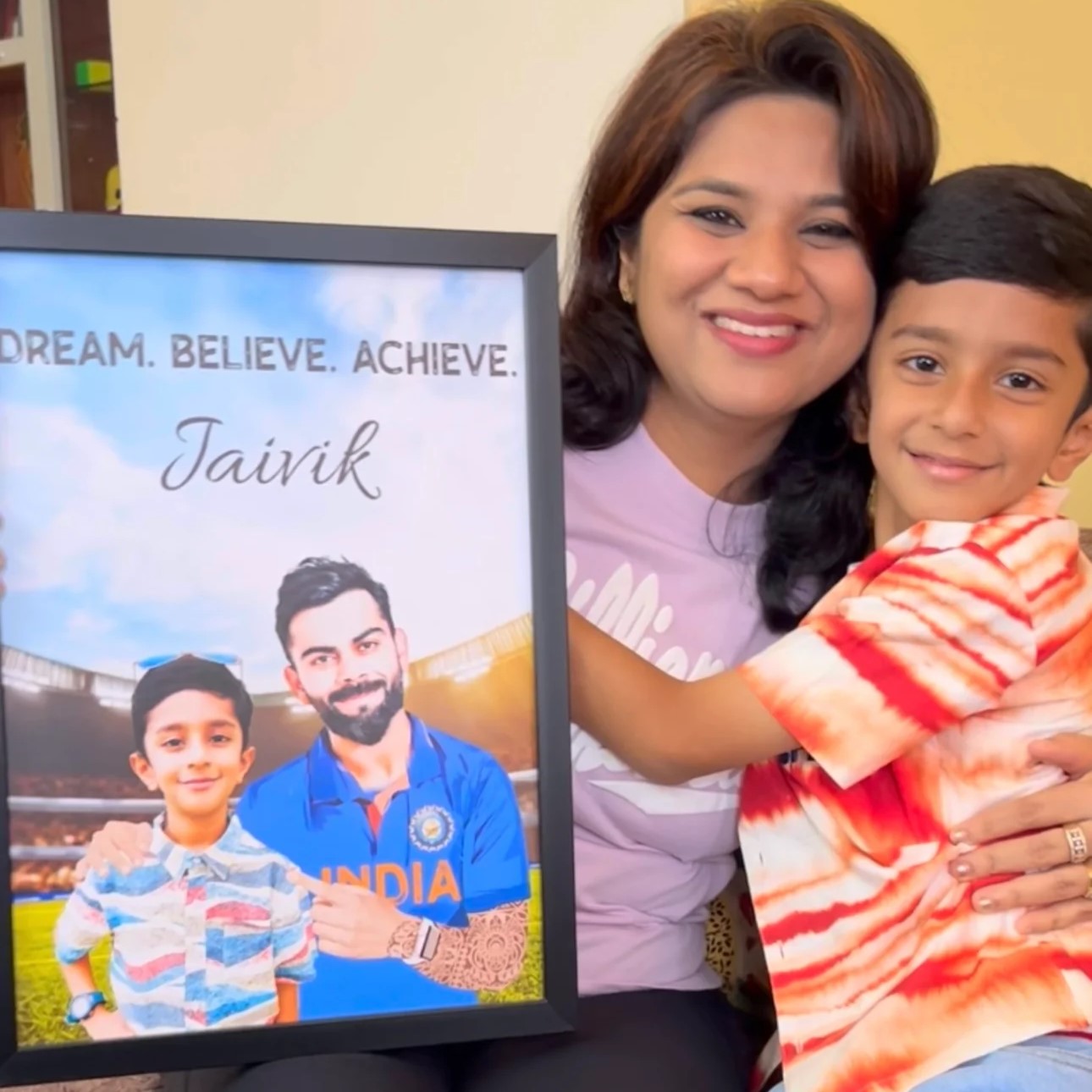 Inspirational wooden wall frame of Virat Kohli with a child social proof