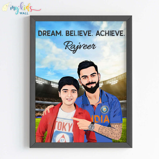 Inspirational black wall frame of Virat Kohli with a child