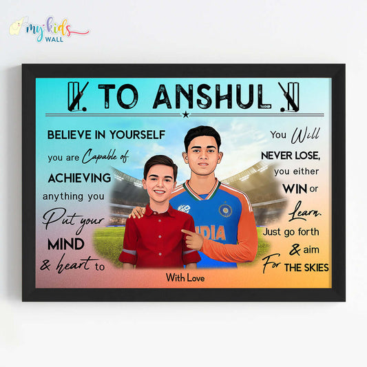 Motivational black wall frame of Yashasvi Jaiswal with a child