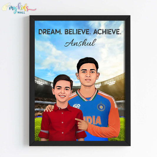 Inspirational black wall frame of Yashasvi Jaiswal with a child