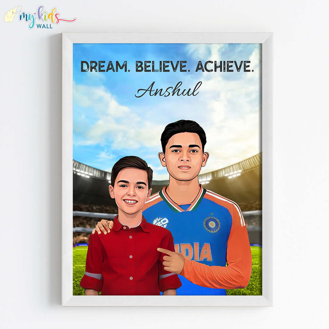 Inspirational white wall frame of Yashasvi Jaiswal with a child