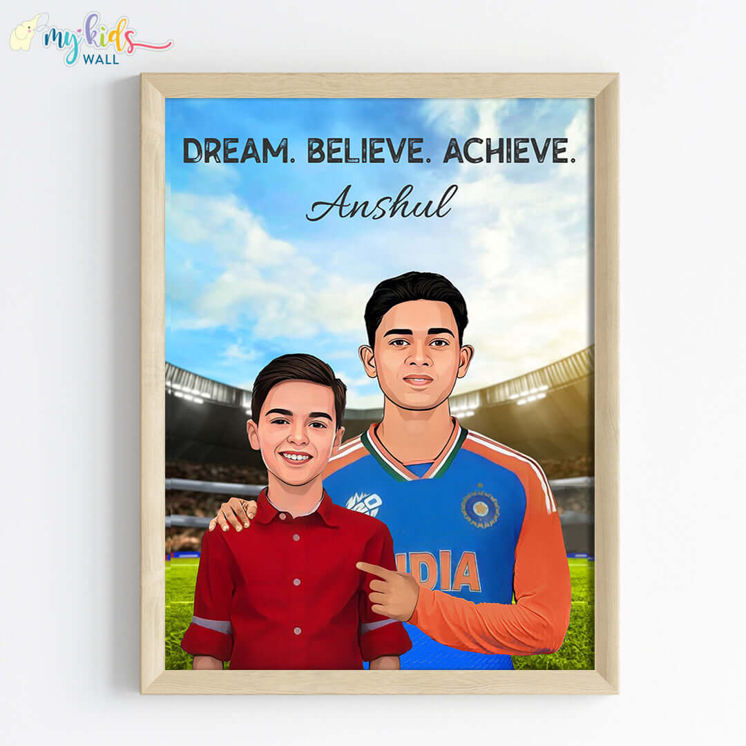 Inspirational wooden wall frame of Yashasvi Jaiswal with a child