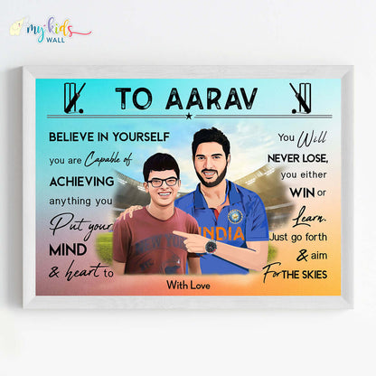 Motivational white wall frame of Yuvraj Singh with a child