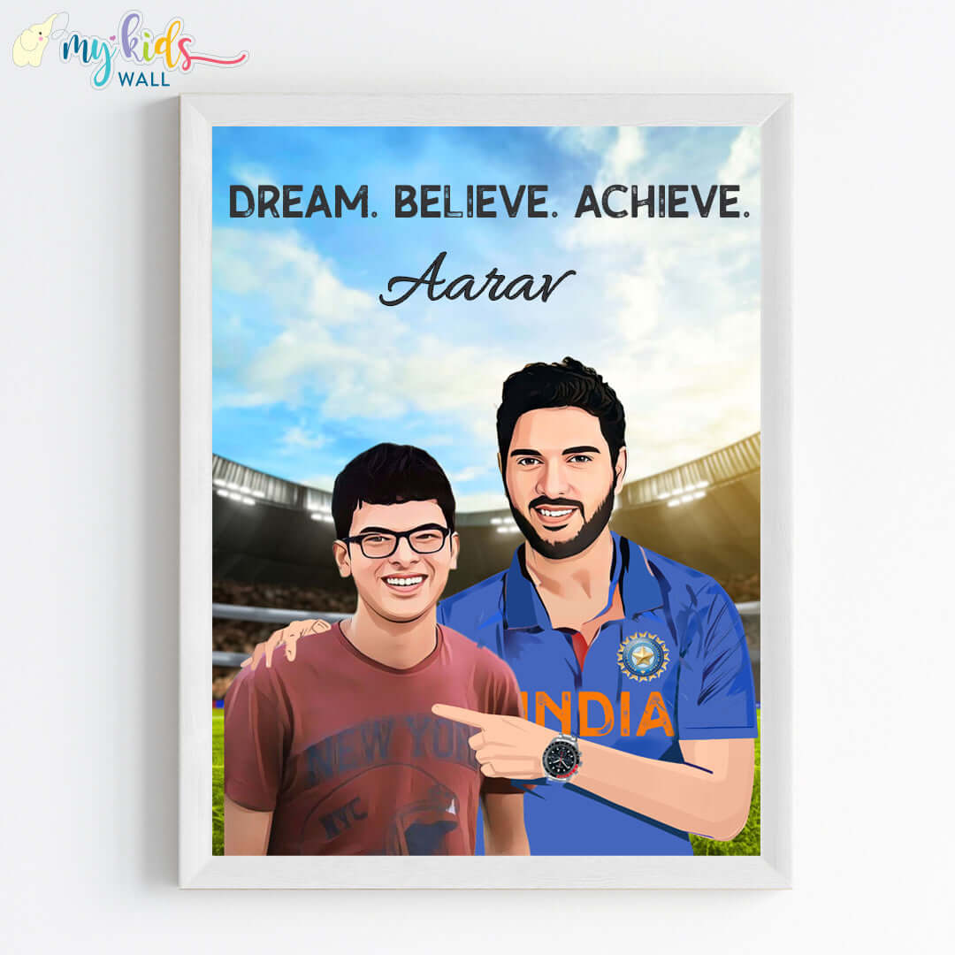 Inspirational white wall frame of Yuvraj Singh with a child