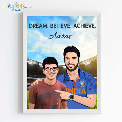 Inspirational white wall frame of Yuvraj Singh with a child