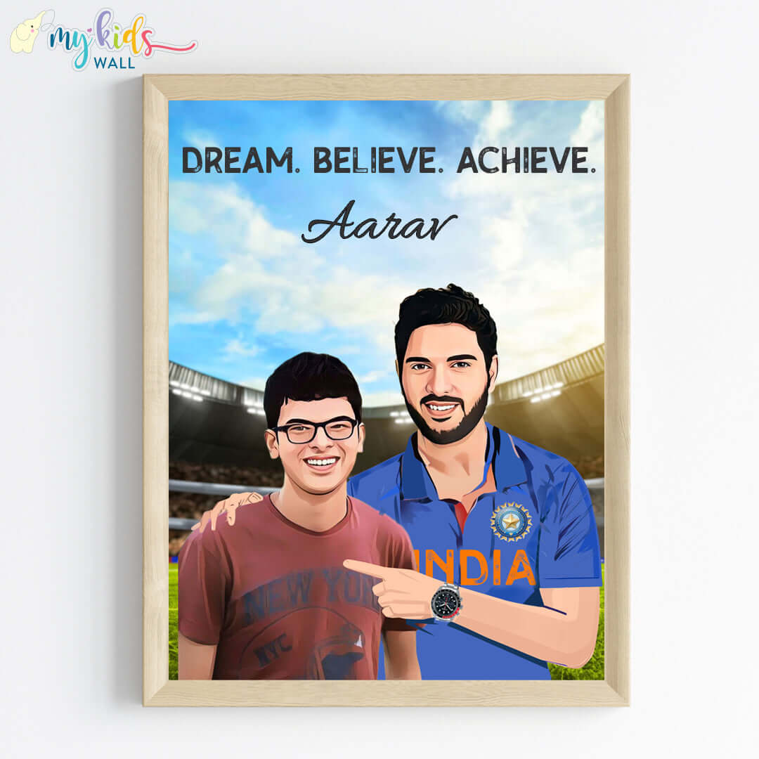 Inspirational wooden wall frame of Yuvraj Singh with a child