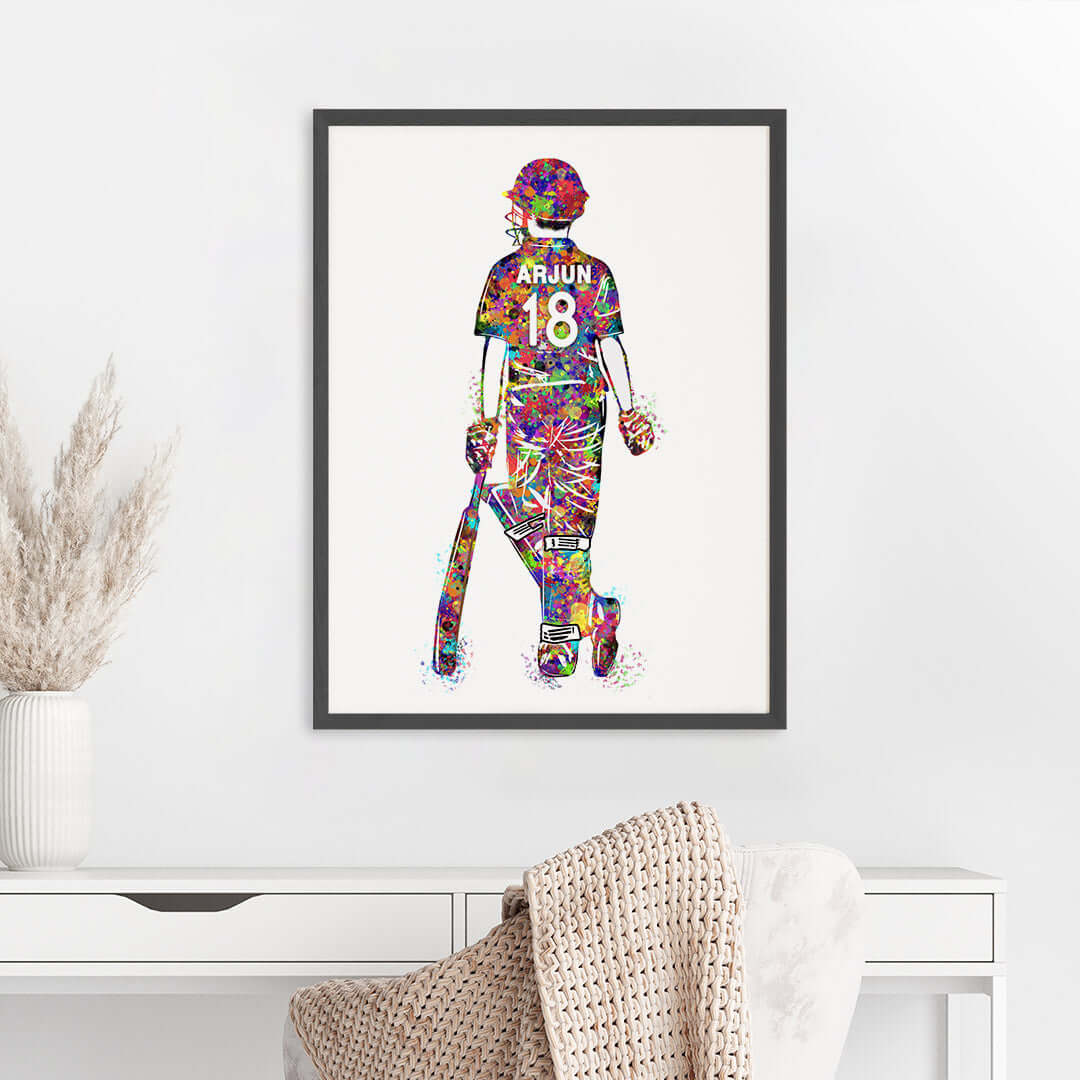 Multicolor cricket player boy wall art black frame