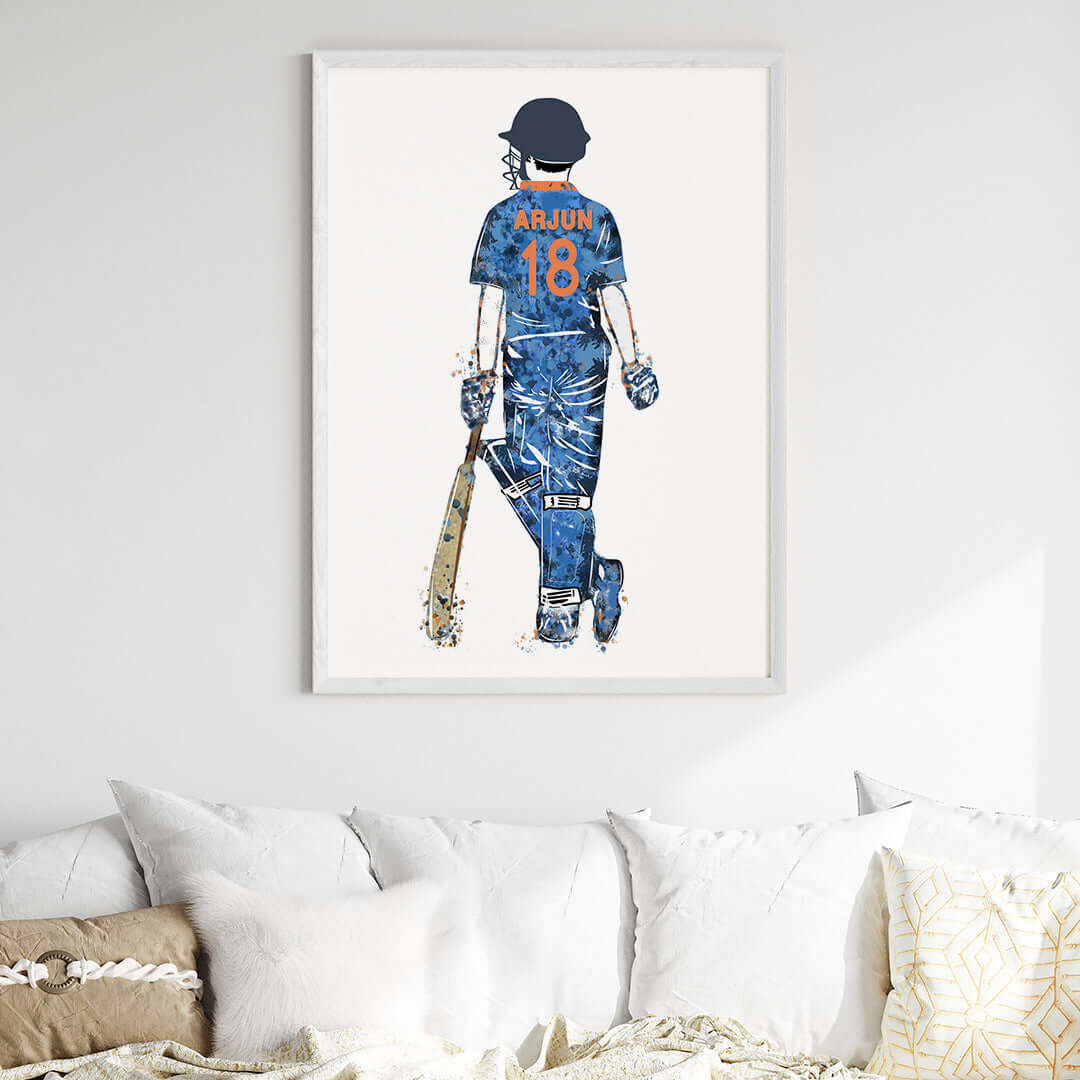 Blue cricket player boy wall art white frame