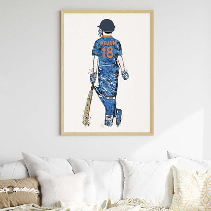 Blue cricket player boy wall art wooden frame