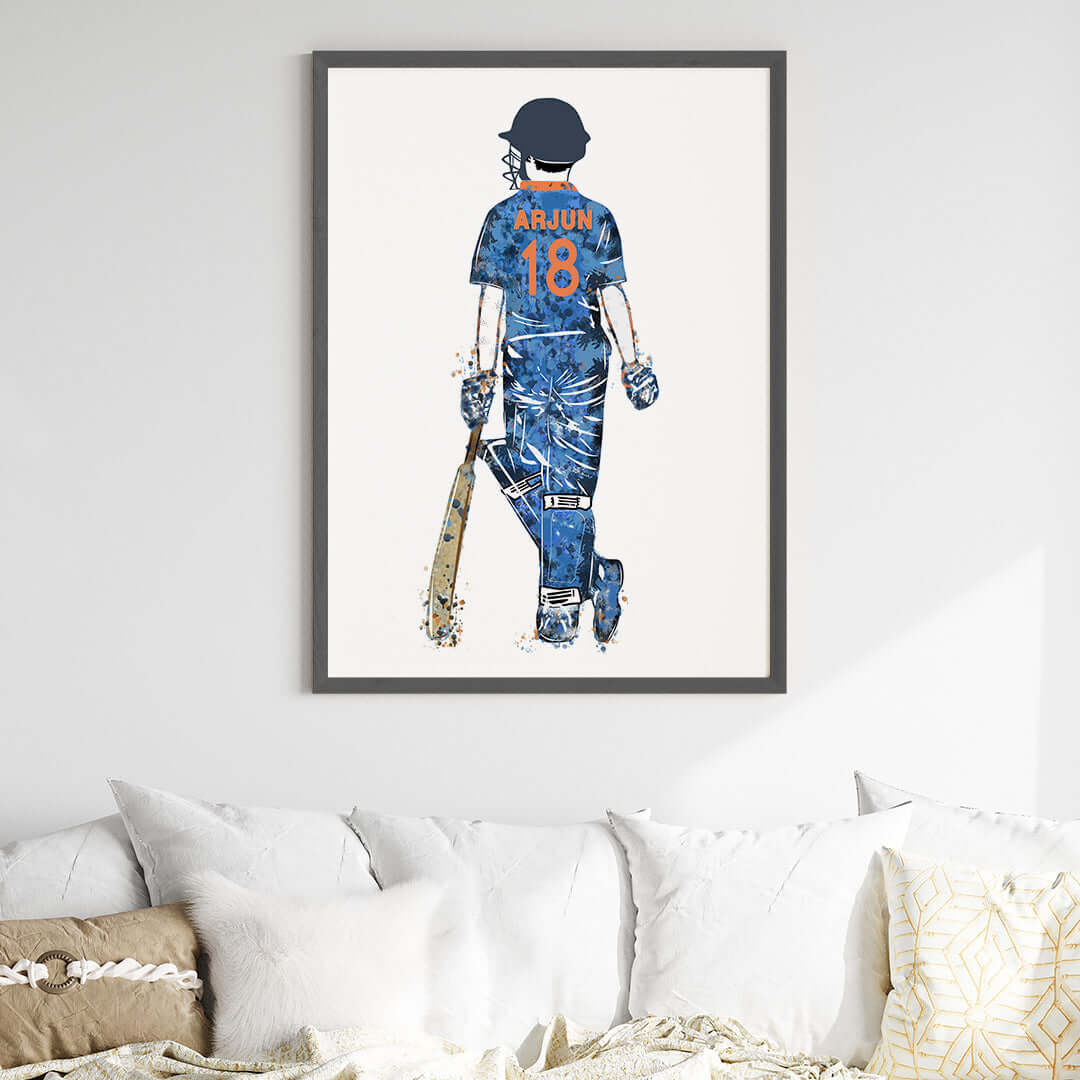 Blue cricket player boy wall art black frame