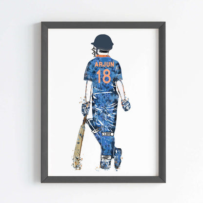 Inspirational cricket player blue boy wall art black frame