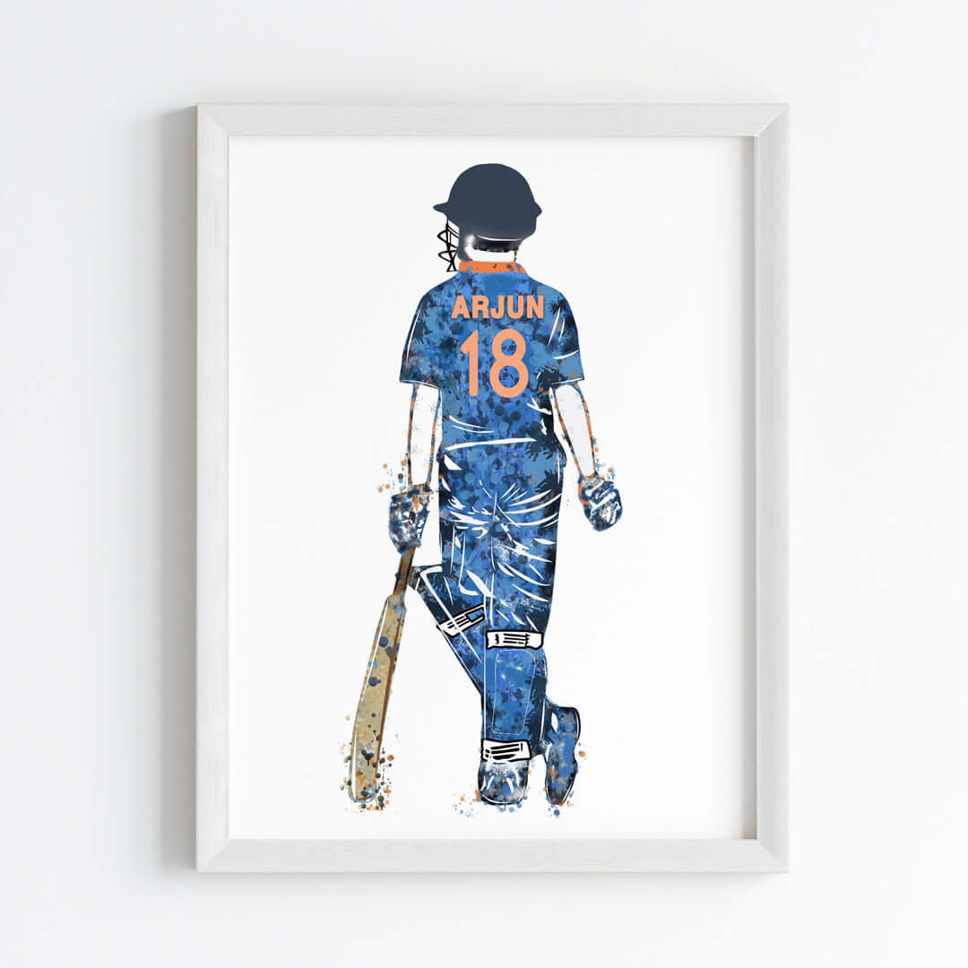 Inspirational cricket player blue boy wall art white frame