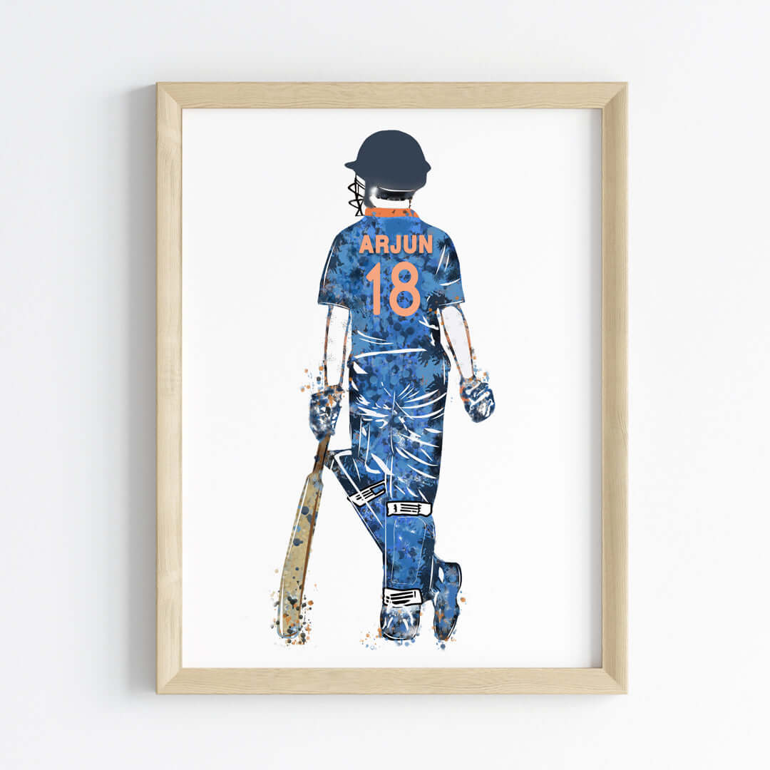 Inspirational cricket player blue boy wall art wooden frame