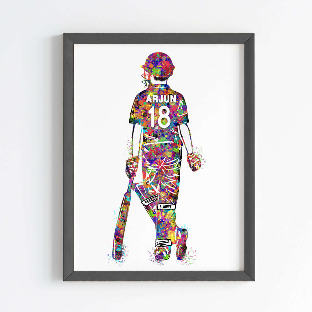 Inspirational cricket player multicolor boy wall art black frame